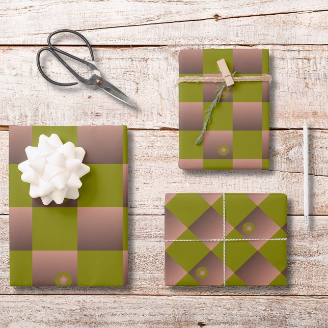 Feuille De Papier Cadeau à damiers motif en brun et vert olive (Créateur téléchargé)