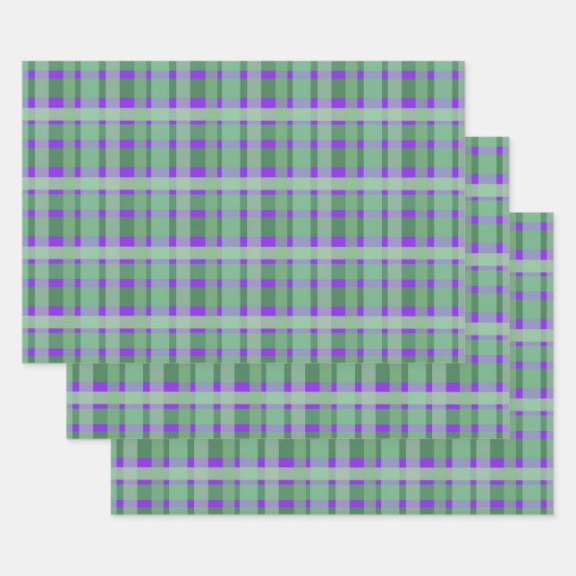 Feuille De Papier Cadeau à damiers Plaid Tartan Green Stripes Sur Violet (Lot)