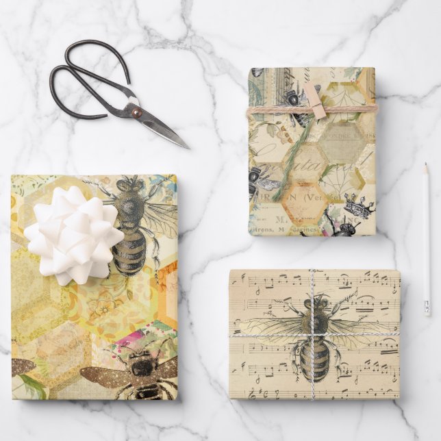 Feuille De Papier Cadeau Abeille à miel dorée (Recto)