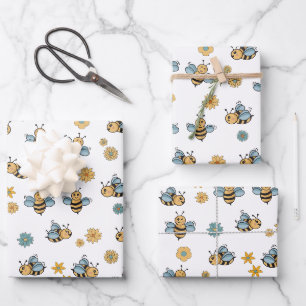 Feuille De Papier Cadeau Abeilles de miel mignonnes et Fleurs sauvages flor