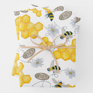 Feuille De Papier Cadeau Abeilles, fleurs et miel