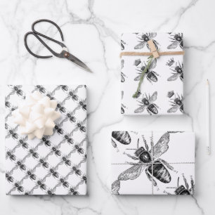 Feuille De Papier Cadeau Abeilles noires et blanches