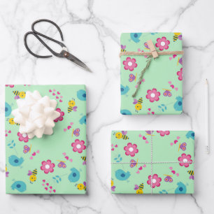 Feuille De Papier Cadeau Abeilles, oiseaux et fleurs vert motif