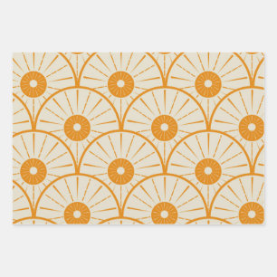 Feuille De Papier Cadeau Abstrait Art Déco Sun Motif Orange