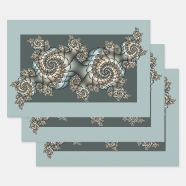 Feuille De Papier Cadeau Abstrait Beige clair Bleu Fractal Art Spirales (Lot)