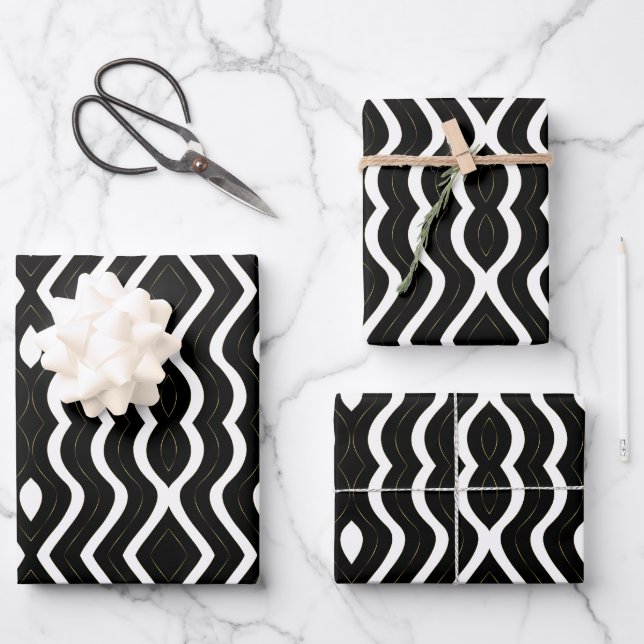 Feuille De Papier Cadeau Abstrait Gold Black Et White Wavy Stripes (Recto)