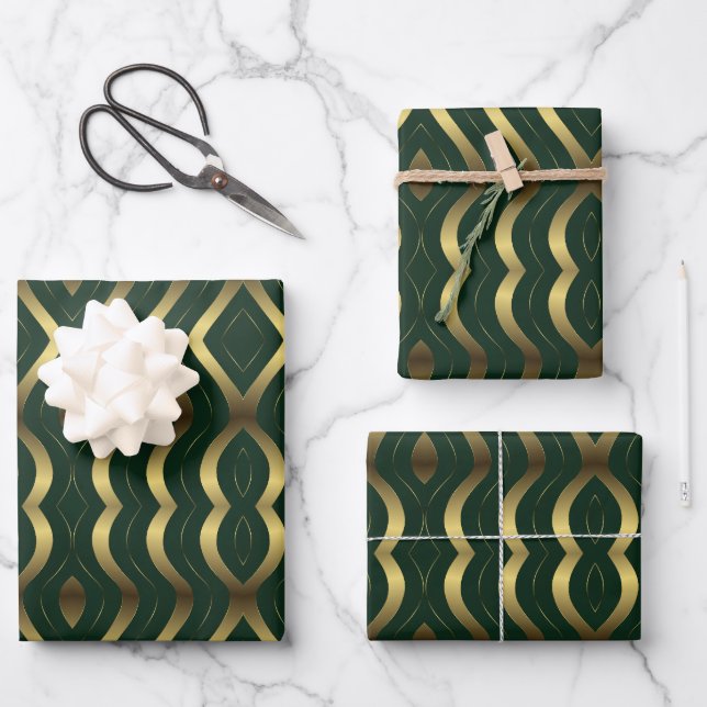 Feuille De Papier Cadeau Abstrait Or Et Émeraude Vert Vague (Recto)