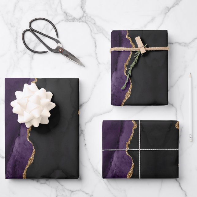Feuille De Papier Cadeau Abstrait Parties scintillant or violet chic (Recto)