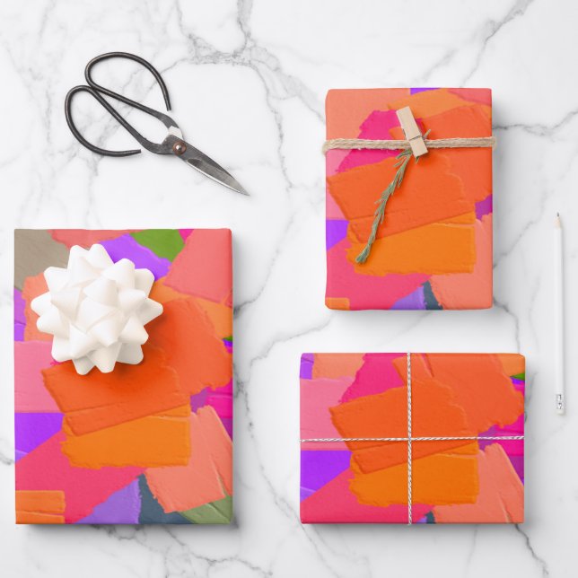 Feuille De Papier Cadeau Abstrait rose, orange et violet (Recto)