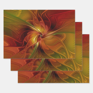 Feuille De Papier Cadeau Abstrait Rouge Orange Brown Vert Fractal Art Flowe