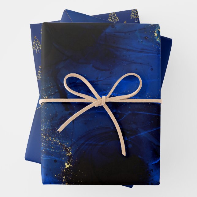 Feuille De Papier Cadeau Abstrait Royal Blue et Gold Motif (En situation)
