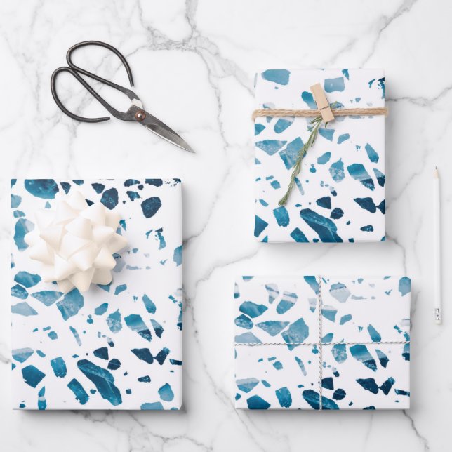 Feuille De Papier Cadeau Abstrait Terrazzo Mosaic Marine et Motif bleu clai (Recto)