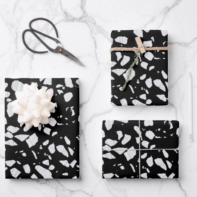 Feuille De Papier Cadeau Abstrait Terrazzo Mosaic Motif noir et blanc (Recto)
