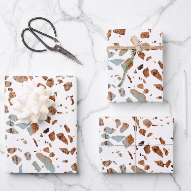 Feuille De Papier Cadeau Abstrait Terrazzo Mosaic rouille Brown & Motif ble (Recto)