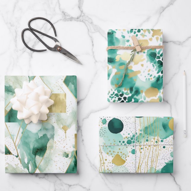 Feuille De Papier Cadeau Abstrait Vert Or Blanc (Recto)