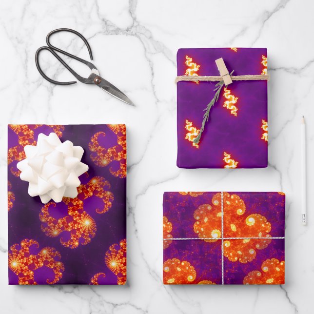 Feuille De Papier Cadeau Abstrait violet orangé Motif d'art fractal (Recto)