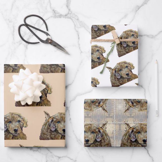 Feuille De Papier Cadeau Adorable Apricot Goldendoodle Puppy Pastel Dessin (Recto)