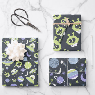 Feuille De Papier Cadeau Adorable Green Aliens Space Ships UFO Kids
