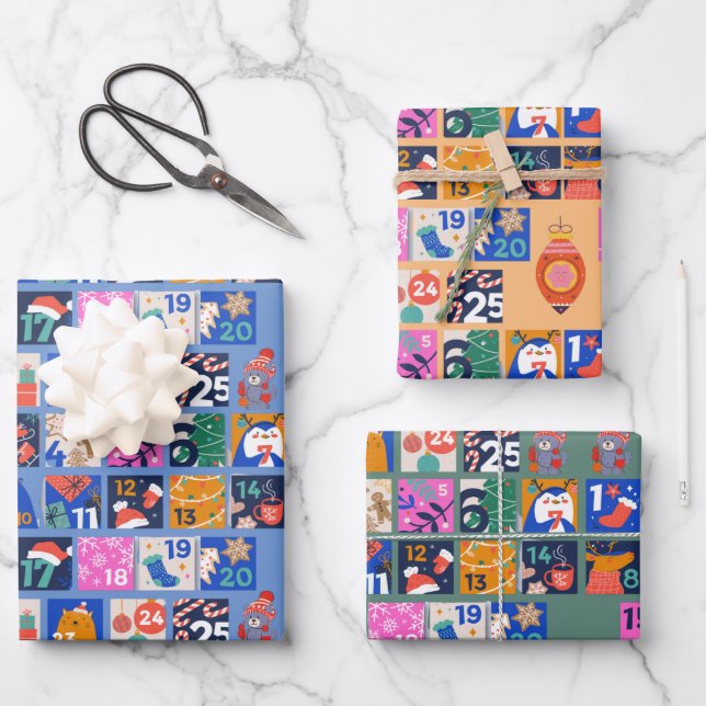 Feuille De Papier Cadeau ADVENT CALENDAR Scandinavian Folk Art Hygge 3 col (Recto)