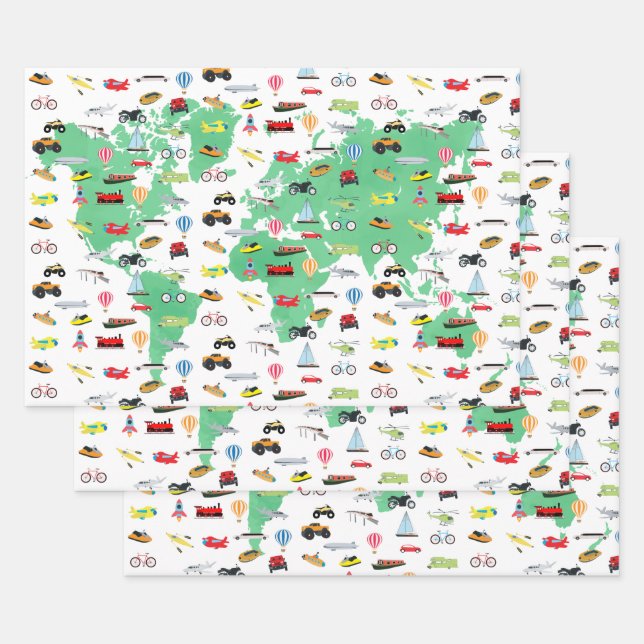 Feuille De Papier Cadeau Adventure Attend les véhicules de la carte mondial (Lot)