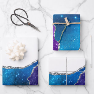Feuille De Papier Cadeau Agate Bleu violet rose Parties scintillant argent 