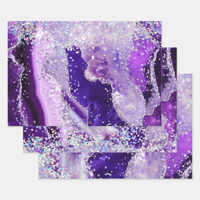 Feuille De Papier Cadeau Agate de Parties scintillant de violet et d'argent (Lot)