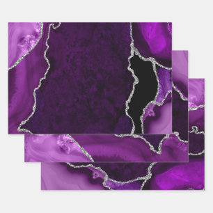 Feuille De Papier Cadeau Agate de Parties scintillant de violet et d'argent