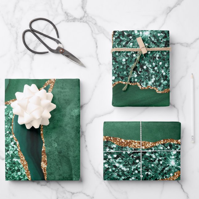 Feuille De Papier Cadeau Agate de Parties scintillant Green et Gold Faux (Recto)