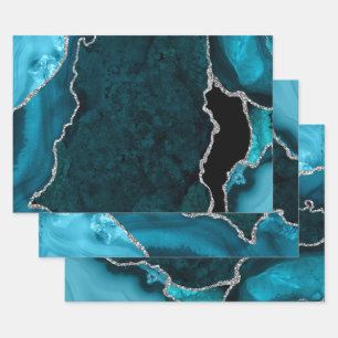 Feuille De Papier Cadeau Agate de Parties scintillant turquoise bleu et arg
