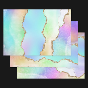 Feuille De Papier Cadeau Agate Holo   Faux Iridescente Pastel Ombre Marble