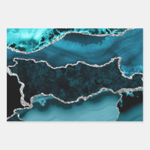 Feuille De Papier Cadeau Agate Marbré Teal et Faux Paillettes Argentées