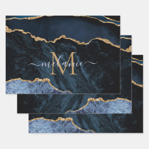 Feuille De Papier Cadeau Agate Marine Bleu Marbre Or Nom et lettre personna
