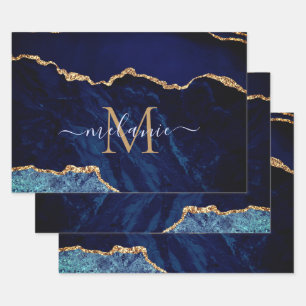 Feuille De Papier Cadeau Agate Marine Blue Gold Marble Monogramme Nom