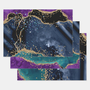 Feuille De Papier Cadeau Agate Paon Pailleté Violet & Sarcelle & Or