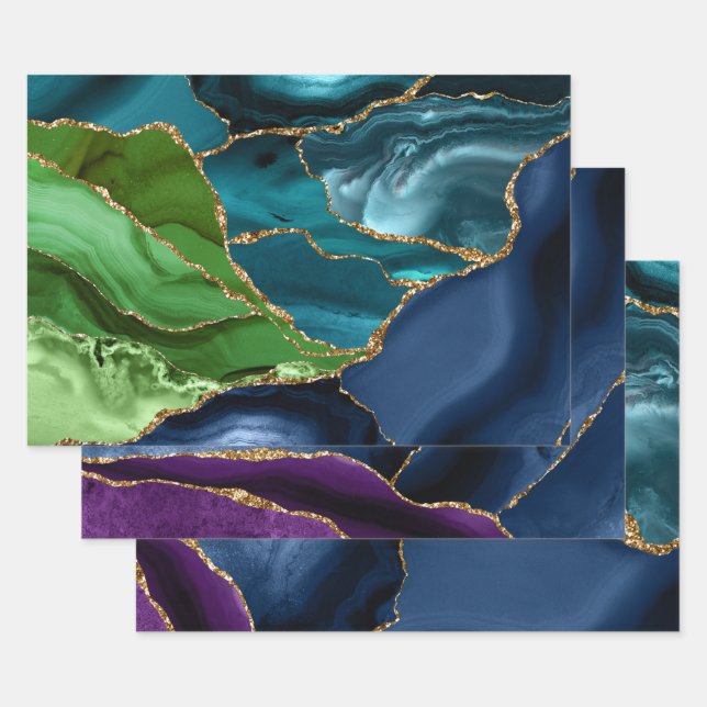 Feuille De Papier Cadeau Agate Peacock Purple & Turquoise & Green & Gold Pa (Lot)
