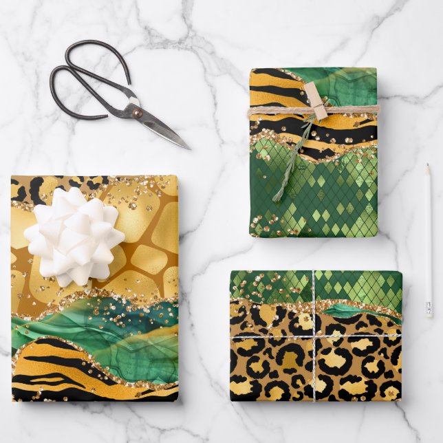 Feuille De Papier Cadeau Agate Poster de animal Gold et Green Safari (Recto)