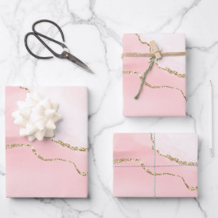 Feuille De Papier Cadeau Agate rose vierge avec ruban or Élégant