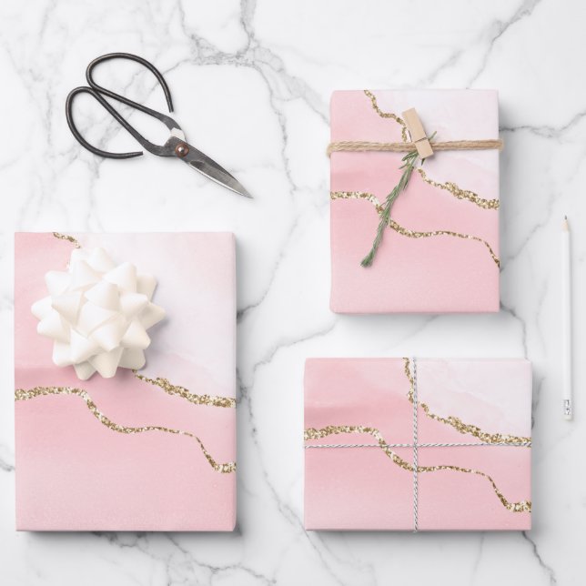 Feuille De Papier Cadeau Agate rose vierge avec ruban or Élégant (Recto)