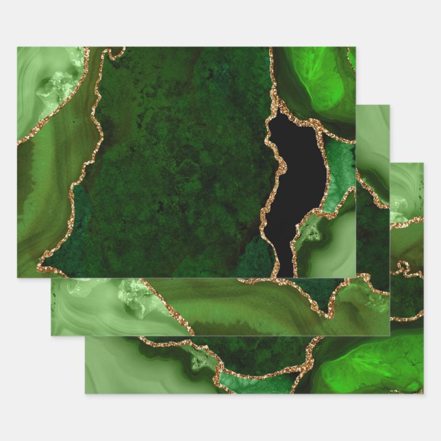 Feuille De Papier Cadeau Agate scintillante fausse verte et dorée (Lot)