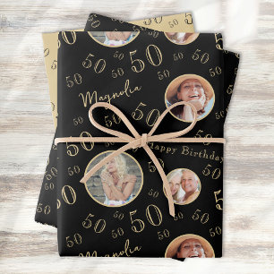 Feuille De Papier Cadeau Âge d'or noir Photo 50e anniversaire