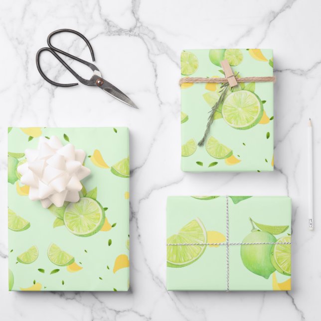 Feuille De Papier Cadeau Agrumes TROPICALES FRUITS D'ÉTÉ Citron orange tran (Recto)