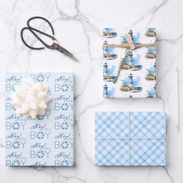 Feuille De Papier Cadeau Ahoy C’est un garçon Baby shower nautique (Recto)