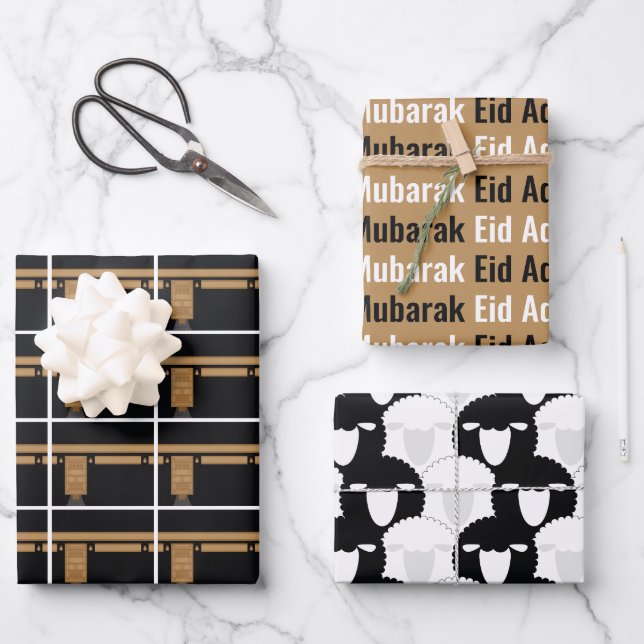 Feuille De Papier Cadeau Aïd Adha Moubarak Kaaba Motif des moutons (Recto)