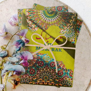 Feuille De Papier Cadeau Aïd d'or Moubarak motif ornemental Jaune Vert