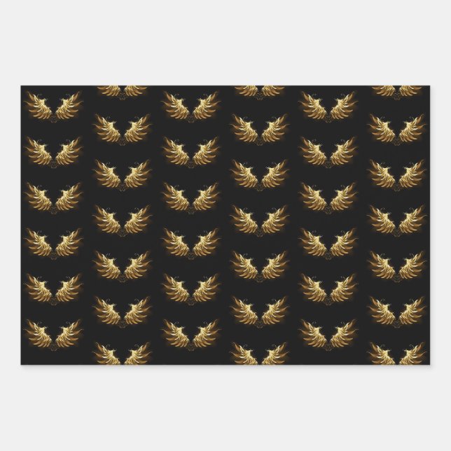 Feuille De Papier Cadeau Ailes d'Ange d'or sur arrière - plan noir (Devant)