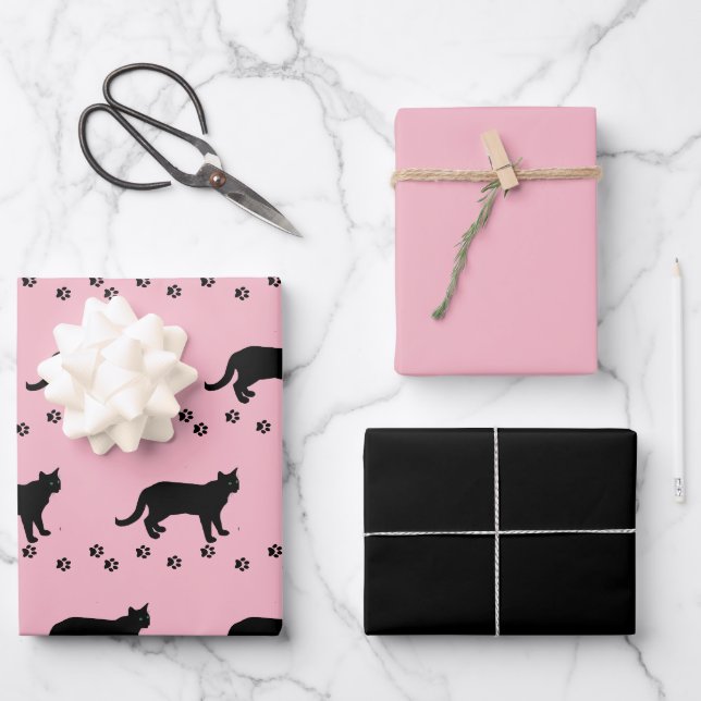 Feuille De Papier Cadeau Aimez votre chat rose et noir chat (Recto)