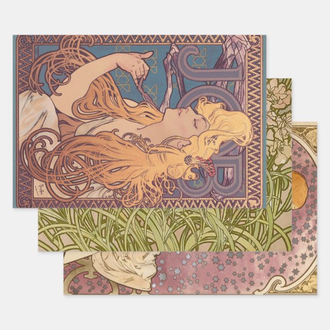 Feuille De Papier Cadeau Alfonse Mucha Job Art Nouveau femme (Lot)