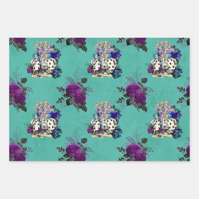 Feuille De Papier Cadeau Alice au pays des merveilles Cartes et Roses (Devant)