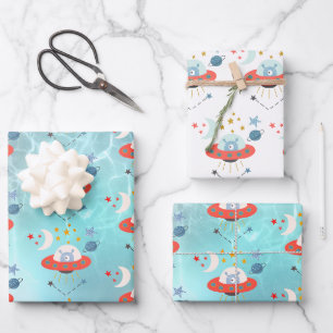 Feuille De Papier Cadeau Alien en vaisseau spatial Motif Garçon Anniversair