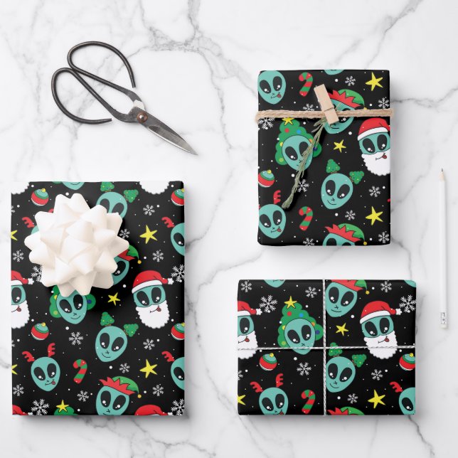 Feuille De Papier Cadeau Alien Santa Claus Snowflakes Arbre de Noël (Recto)